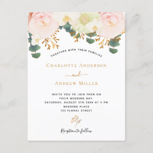 Pink white floral gold greenery wedding postcard