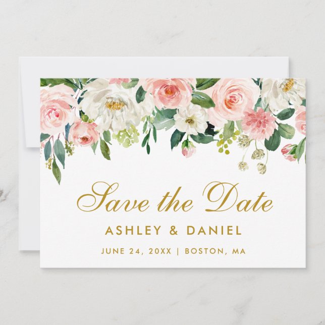 Pink White Floral Gold Save The Date Card (Front)
