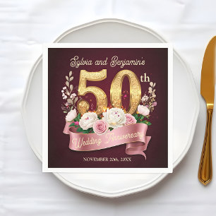 Pink White Floral Golden 50th Wedding Anniversary Napkin