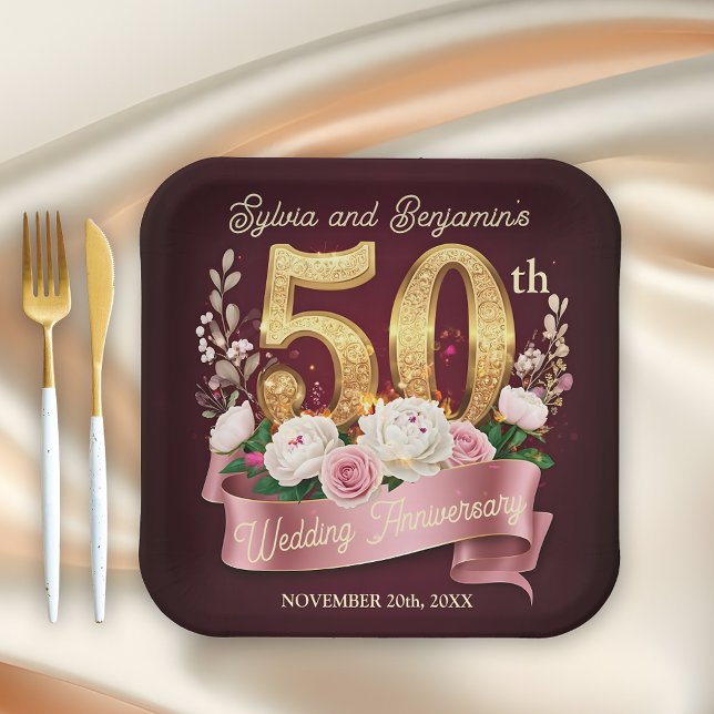 Pink White Floral Golden 50th Wedding Anniversary Paper Plate (Creator Uploaded)