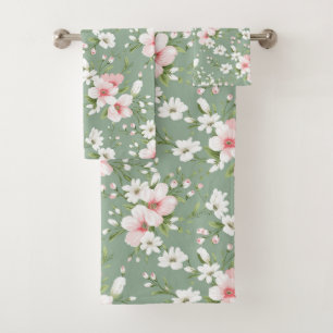 Pink White Floral Green Background Cottage Core  Bath Towel Set