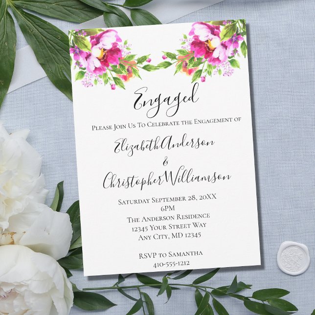 Pink White Floral Greenery Elegant Engagement Invitation (Creator Uploaded)