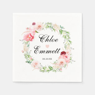 Pink White Floral Heart Romantic Wedding Napkins