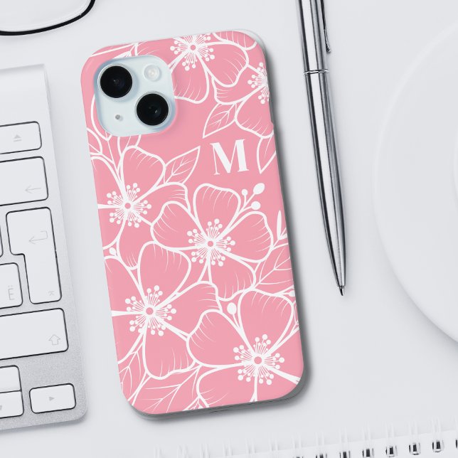 Pink White Floral Initial Monogram iPhone 15 Case (Girly Pink Floral Initial Monogram iPhone 15 Case)