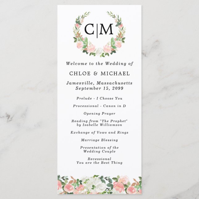 Pink White Floral Monogram Wreath Wedding Program Programme (Front)