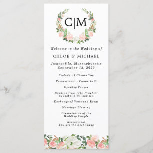 Pink White Floral Monogram Wreath Wedding Program Programme