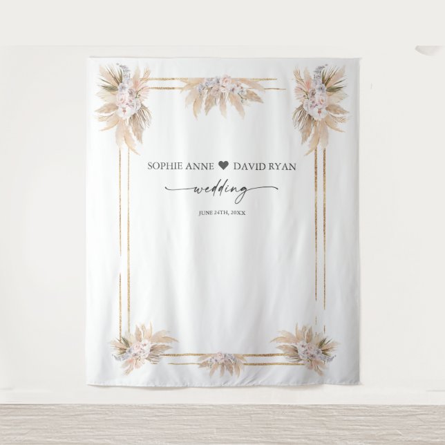 Pink White Floral Pampas Grass Photo Booth Wedding Tapestry (Front)