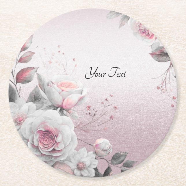 Pink White Floral Paper Coaster (Front)