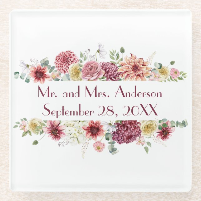 Pink White Floral Personalised Names Wedding Date Glass Coaster (Front)