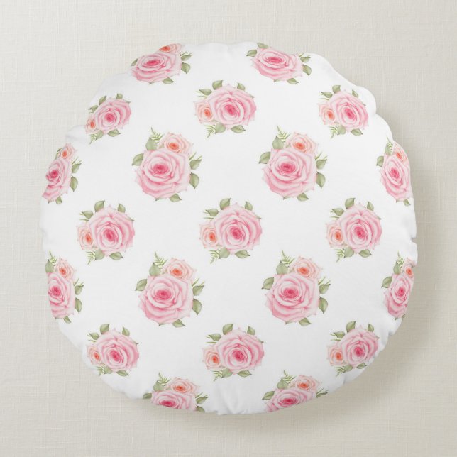 Pink White Floral Polkadots Round Cushion (Front)