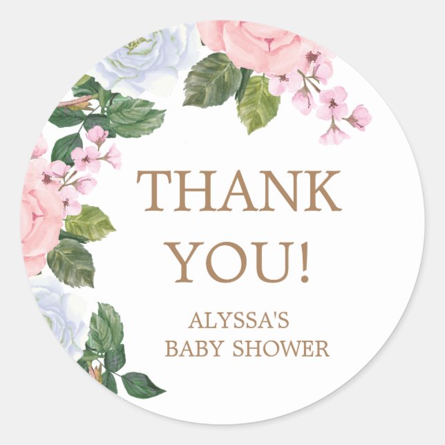 Pink White Floral Roses Baby Shower Thank You Classic Round Sticker (Front)