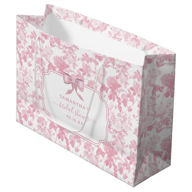 Pink White Floral Roses Chinoiserie Bridal Shower Large Gift Bag (Front Angled)