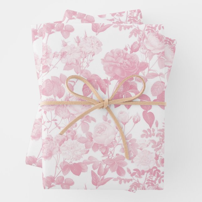 Pink White Floral Roses Chinoiserie Pattern Wrapping Paper Sheet (In situ)