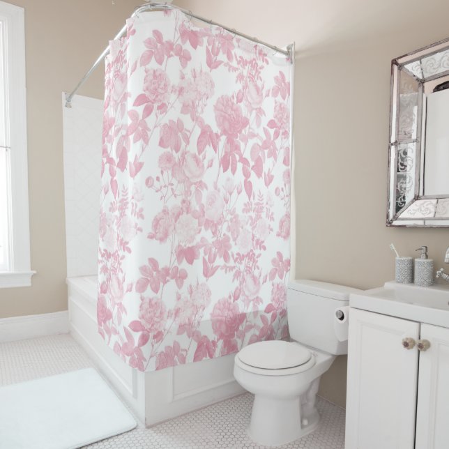 Pink White Floral Roses Chinoiserie Shower Curtain (In Situ)