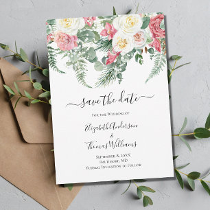 Pink White Floral Roses Greenery Save the Date Invitation