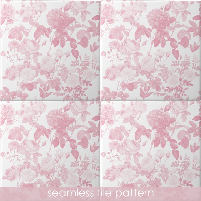 Pink White Floral Roses Pattern Tile (Pink White Floral Roses Pattern Ceramic Tile)