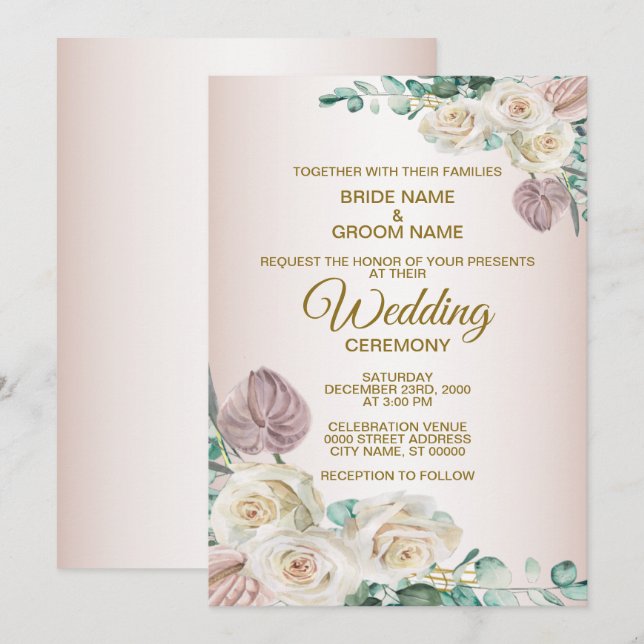 Pink White Floral Watercolor Greenery Wedding Invitation (Front/Back)