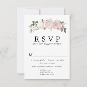 Pink White Floral Wedding RSVP Card, Meal Options