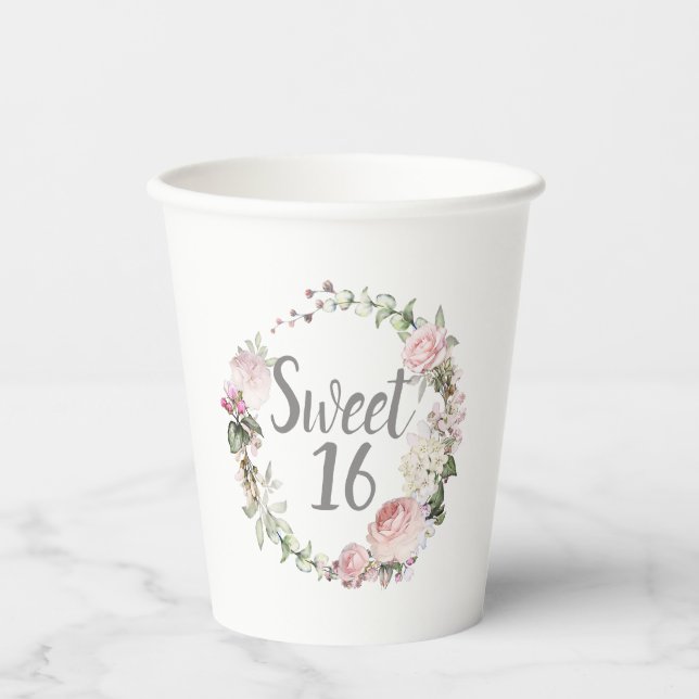 Pink White Floral Wreath Sweet 16 Party Paper Cups (Front)