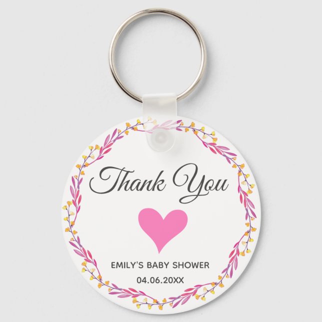 Pink & White Floral Wreath Thank You Baby Shower Key Ring (Front)