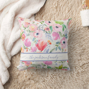 Pink white florals boho family name script cushion