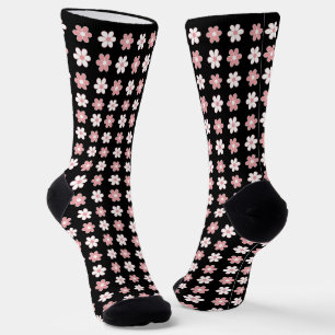 Pink & White Flower Pattern on Black Socks
