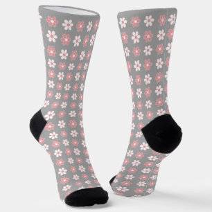 Pink & White Flower Pattern on Silver Grey Socks