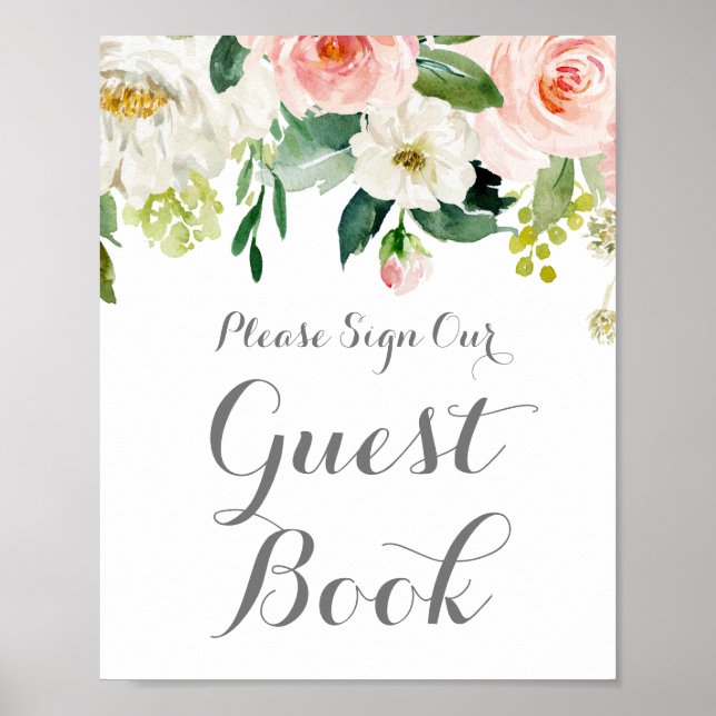 Pink White Flower Wedding Guest Book Sign Poster (Front)