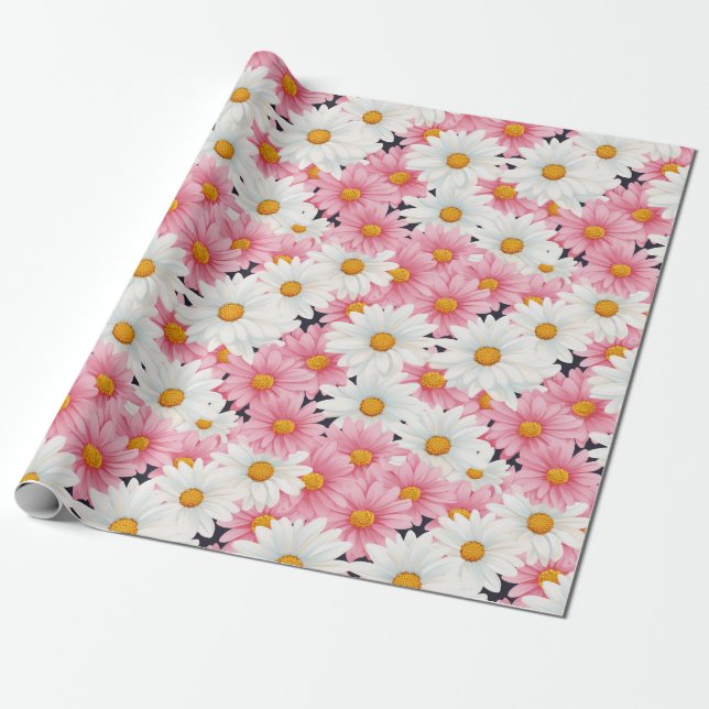 Pink White Flowers Aesthetic Graphic Wrapping Paper (Unrolled)