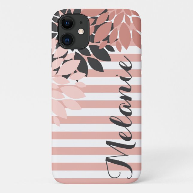 Pink White Flowers and Stripes Pattern with Name Case-Mate iPhone Case (Back)