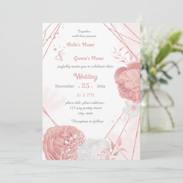 pink & white flowers botanical geometric wedding invitation (Standing Front)