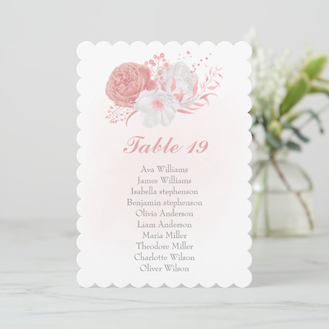 pink & white flowers botanical seating chart card (Standing Front)