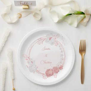 pink & white flowers botanical wedding paper plate