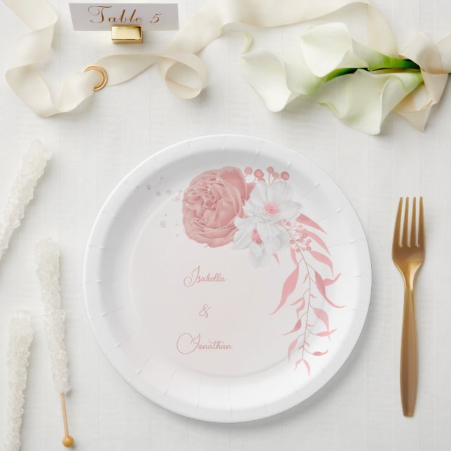 pink & white flowers botanical wedding paper plate (Wedding)