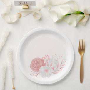 pink & white flowers botanical wedding paper plate
