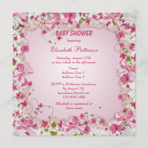 Pink & White Flowers & Bows Baby Girl Shower Invitation