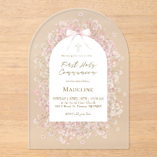 pink white flowers First Communion Acrylic Invitations