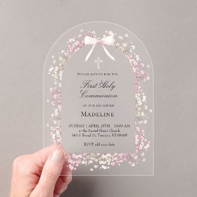 pink white flowers First Communion Acrylic Invitations (Insitu (Handheld))