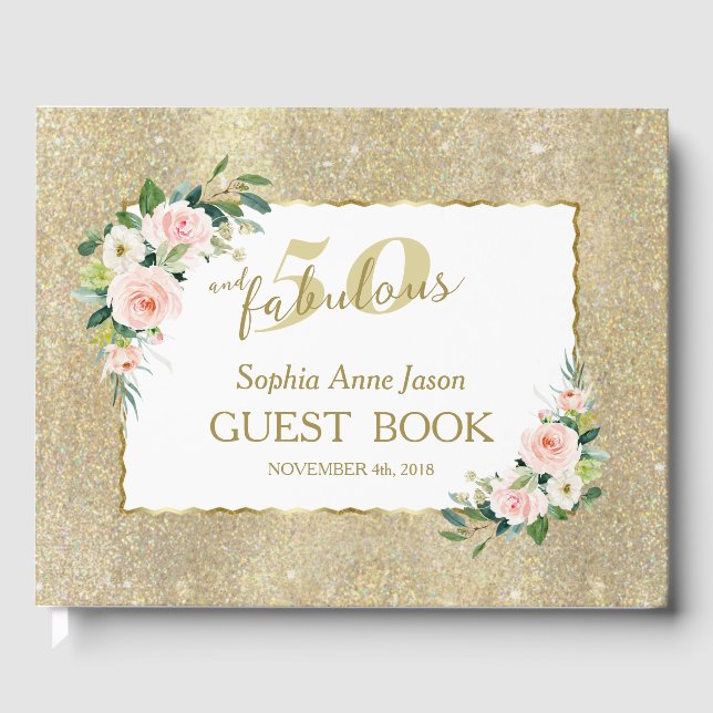 Pink White Flowers Gold 50 and Fabulous Birthday Guest Book (Front)
