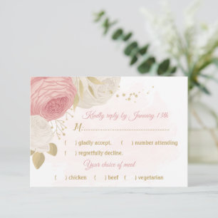 pink & white flowers gold botanical meal choice RSVP card