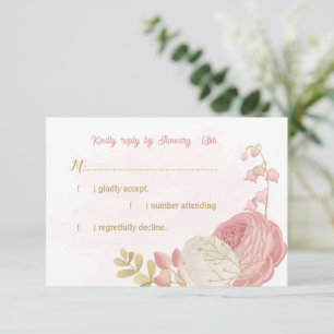 pink & white flowers gold botanical RSVP card