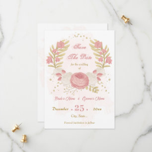 pink & white flowers gold botanical save the date