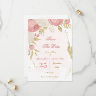 pink & white flowers gold botanical  save the date