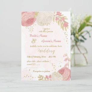 pink & white flowers gold botanical wedding invitation
