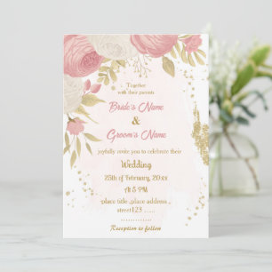 pink & white flowers gold botanical wedding invitation