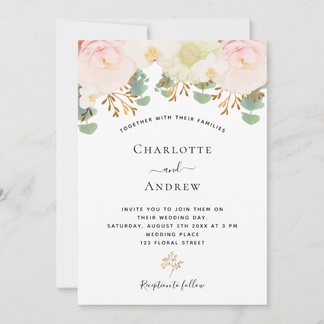Pink white flowers gold greenery wedding invitation (Front)