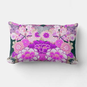 PINK WHITE FLOWERS Peony,Roses Japanese Floral Lumbar Cushion