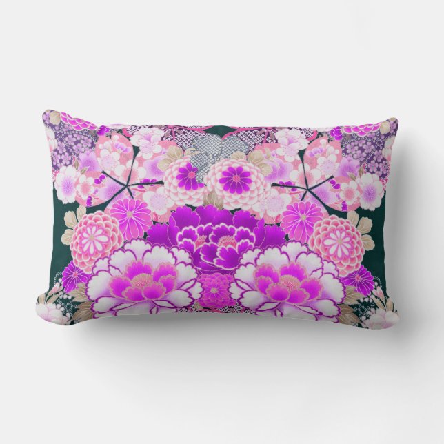 PINK WHITE FLOWERS Peony,Roses Japanese Floral Lumbar Cushion (Front)