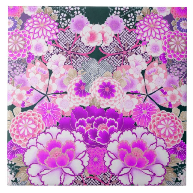 PINK WHITE FLOWERS Peony,Roses Japanese Floral  Tile (Front)