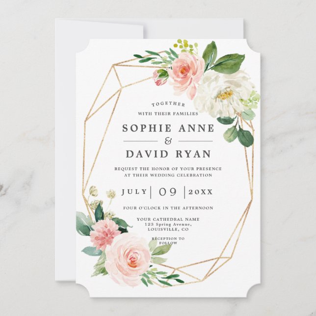 Pink White Flowers Rose Gold All In One Wedding Invitation (Front)